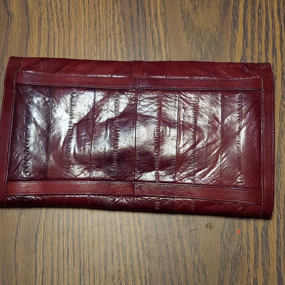 Vintage Genuine Eel Skin Clutch Wallet Purse Burgundy - Picture 8 of 9